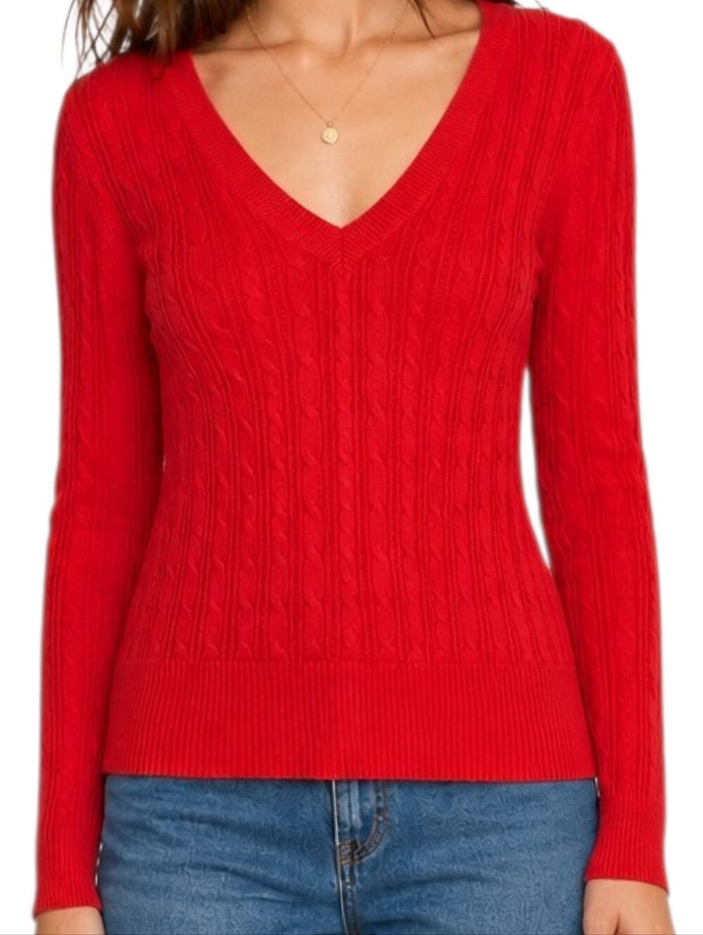 American Eagle Cable Knit Sweater Women Large Red Deep V Neck Fitted Y2K